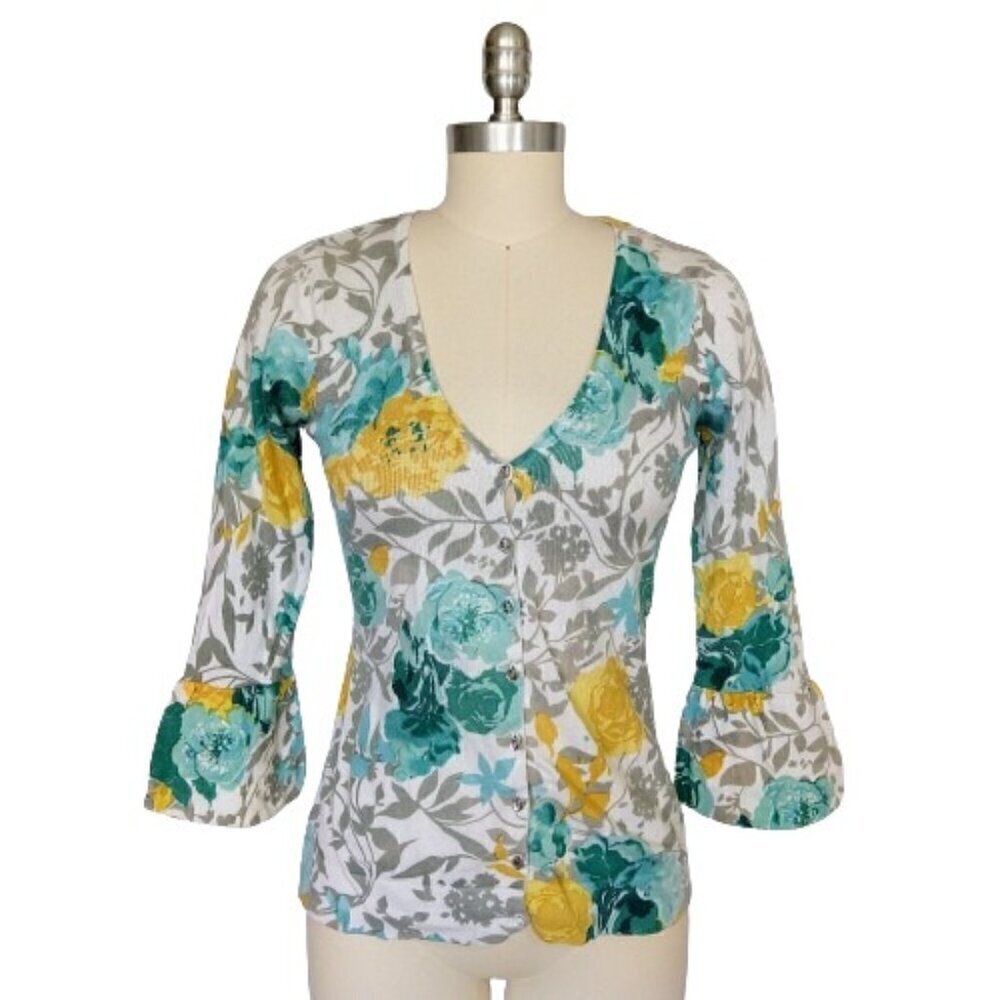 Charlotte Tarantola Floral Print Cardigan Sweater Size M Blue Yellow Knit